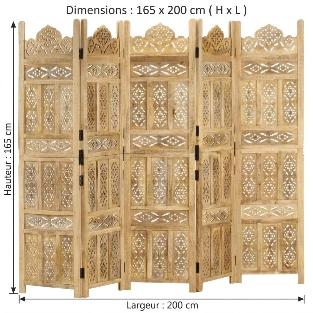 Paravent 5 Panneaux Bois de Manguier 200×165 cm — Jaune Pâle