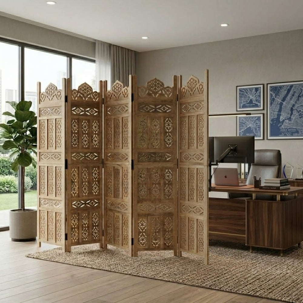 Paravent 5 Panneaux Bois de Manguier 200×165 cm — Jaune Pâle