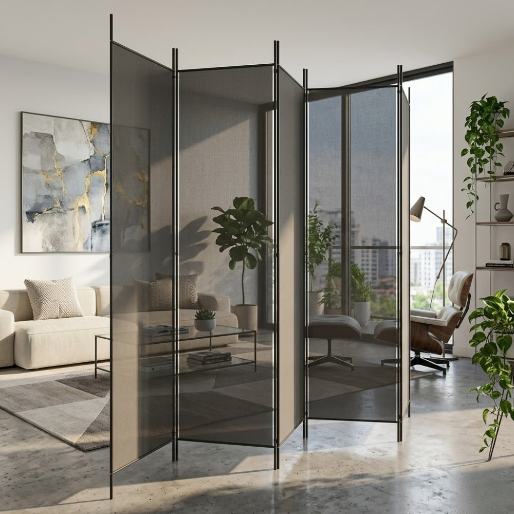 Paravent 5 Panneaux Tissu Anthracite — Grande Cloison 250 × 200 cm