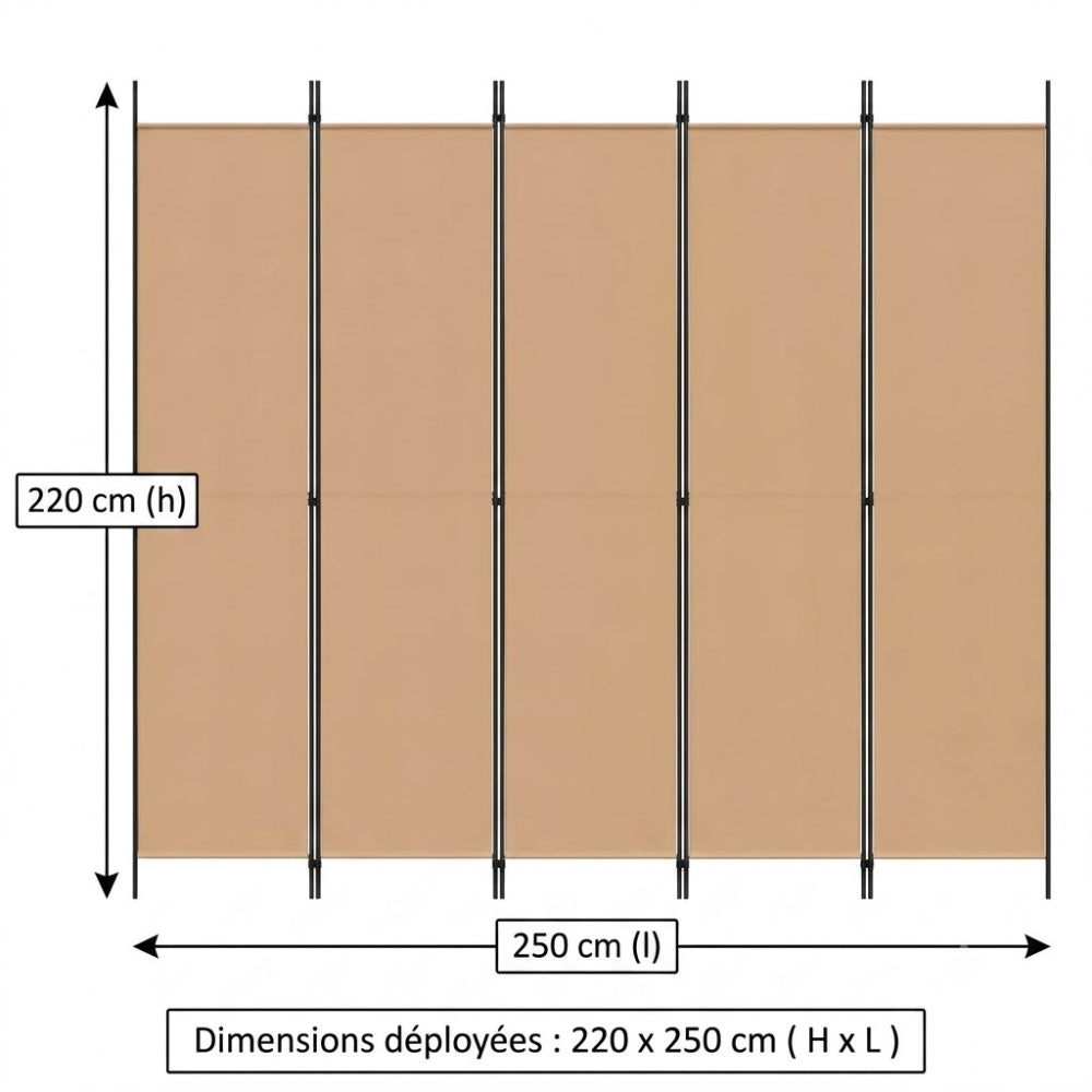Paravent 5 Panneaux Tissu Beige — Grand Format 250 × 220 cm