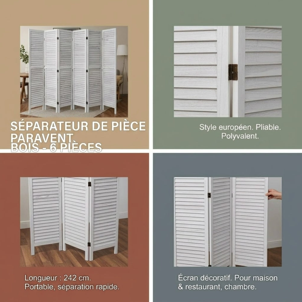 Paravent 6 Panneaux Bois à Lamelles — Cloison Architecturale 170 cm