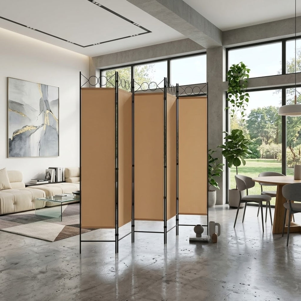 Paravent 6 Panneaux Tissu Beige — Cloison Pliable, Protection Solaire & Intimité