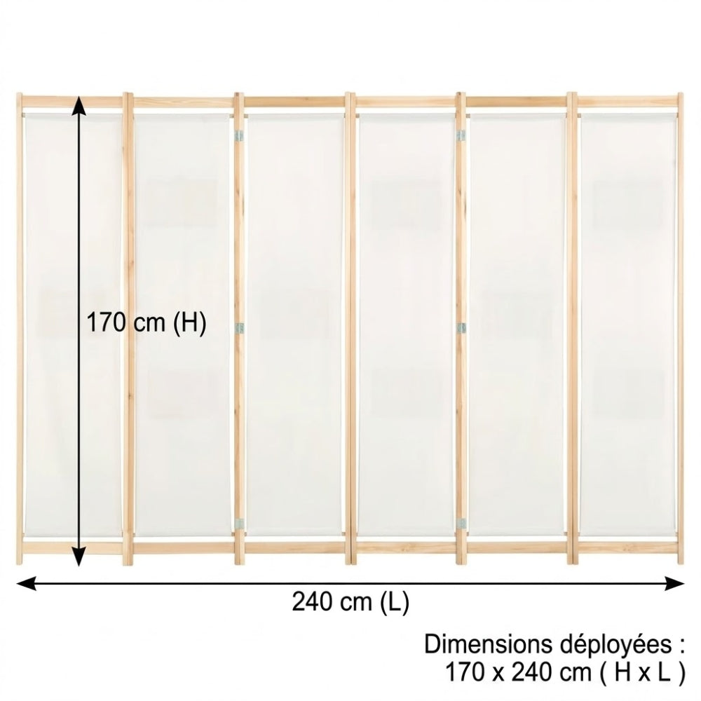 Paravent 6 Panneaux Tissu Crème & Sapin Massif — Cloison 240 × 170 cm