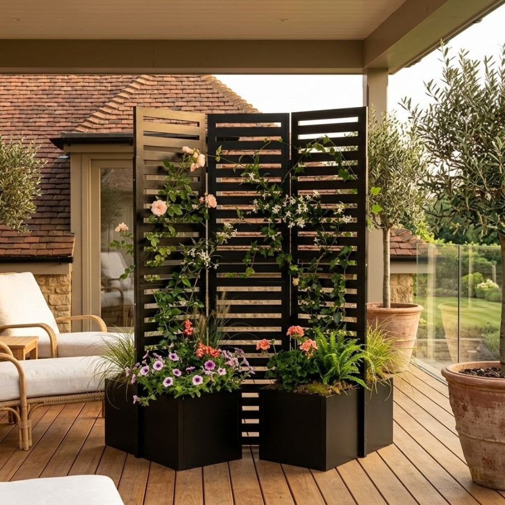 Paravent Extérieur 3 Panneaux Métal avec Jardinières Intégrées — Brise-Vue Terrasse & Jardin
