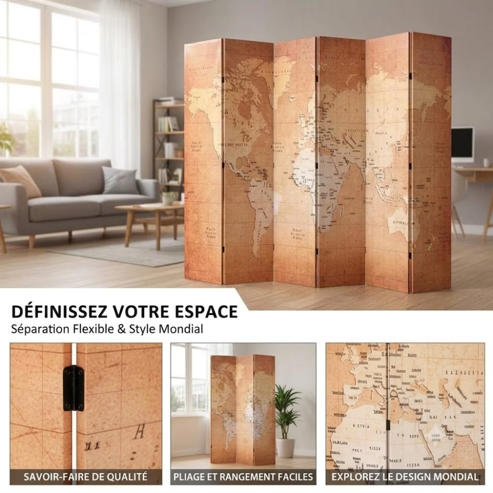 Paravent Imprimé Carte du Monde — Toile Recto-Verso, Cadre Bois