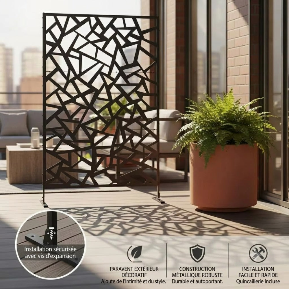 Paravent Métal 3 Panneaux Extérieur Autoportant — Clôture Décorative Patio & Jardin