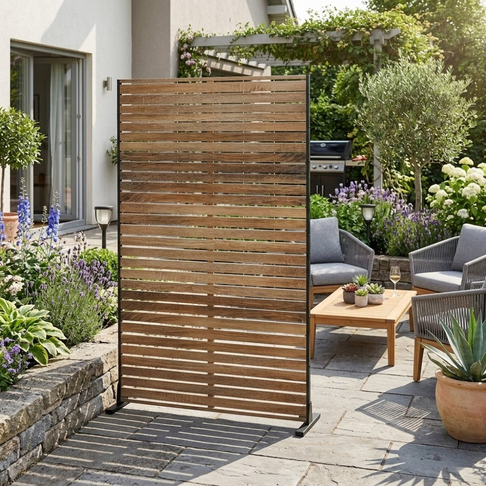 Paravent Métal Extérieur 183 cm — Lamelles Bois Brun, Autoportant Balcon & Jardin
