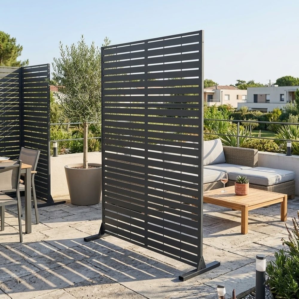 Paravent Métal Extérieur 183 cm — Lamelles Noires, Autoportant, Terrasse & Balcon