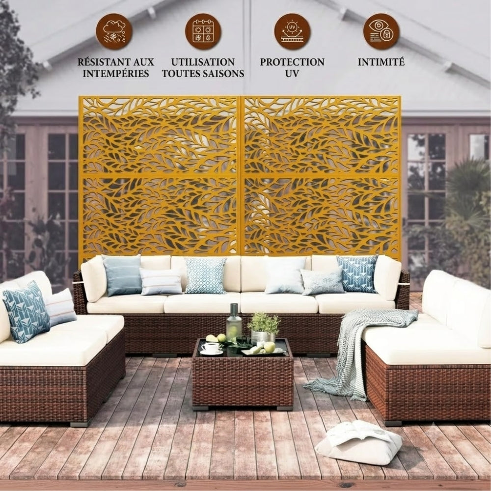 Paravent Métal Extérieur 183 cm — Motif Feuilles Brun, Autoportant, Balcon & Terrasse