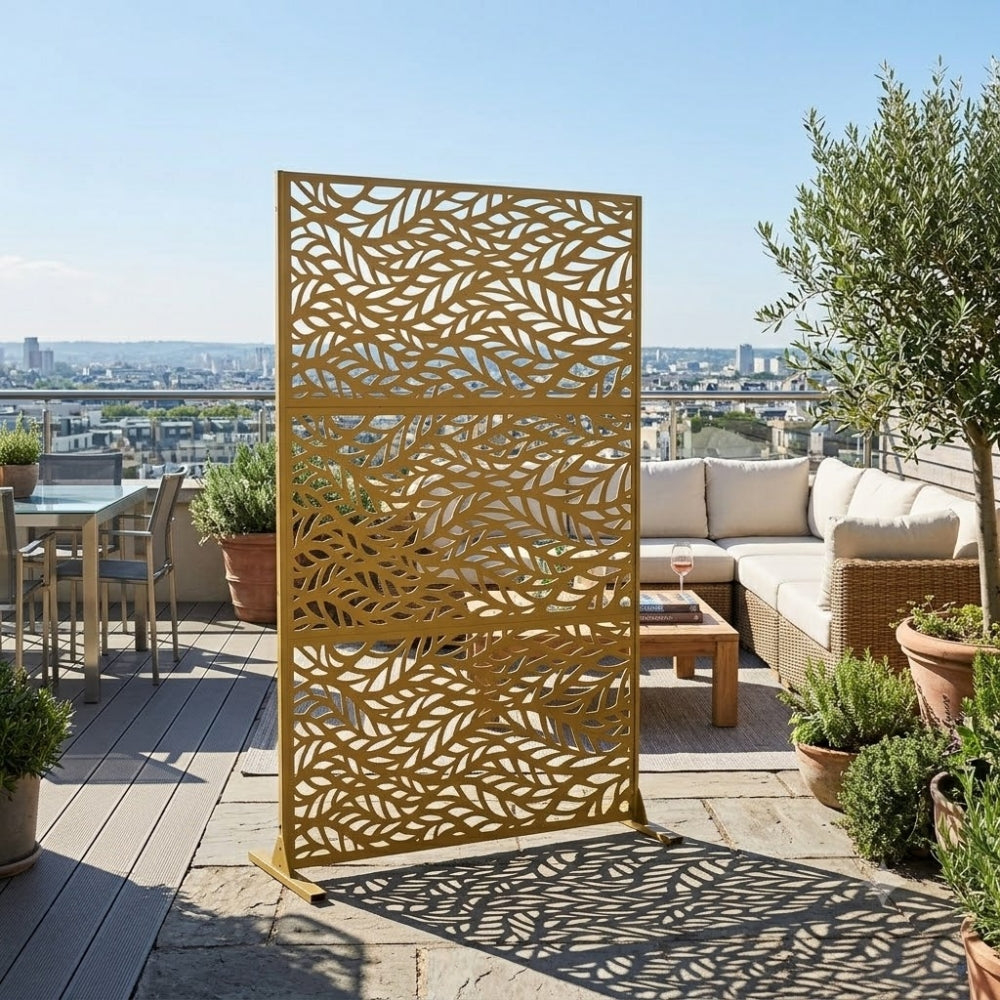 Paravent Métal Extérieur 183 cm — Motif Feuilles Brun, Autoportant, Balcon & Terrasse