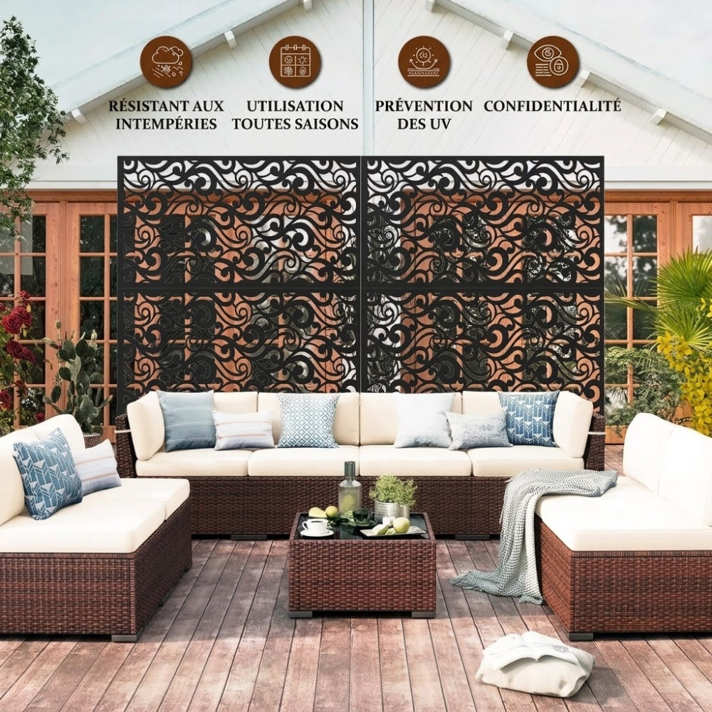 Paravent Métal Extérieur 183 cm — Motif Nuages Noir, Autoportant, Balcon & Terrasse