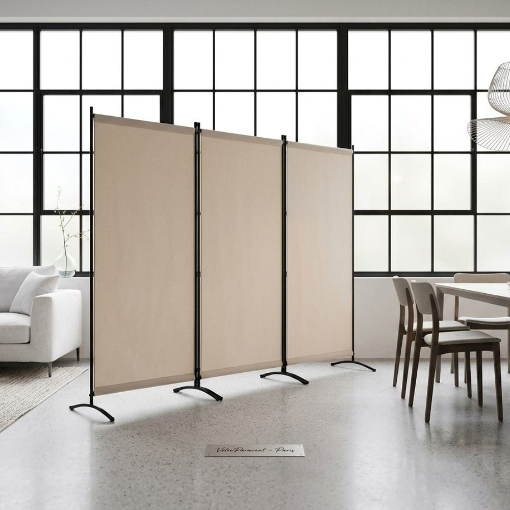 Paravent Pliable Tissu Beige — 3 Panneaux 260×184 cm