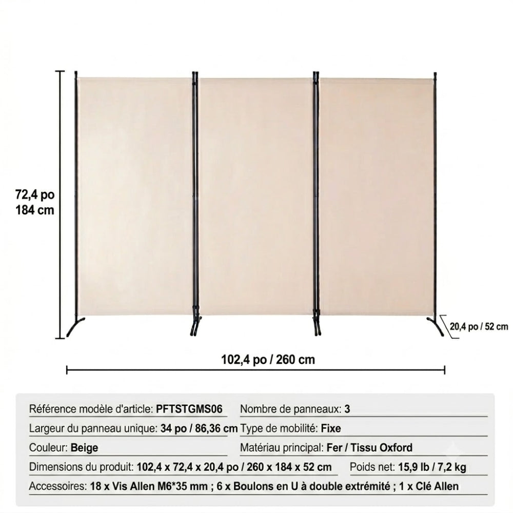 Paravent Pliable Tissu Beige — 3 Panneaux 260×184 cm