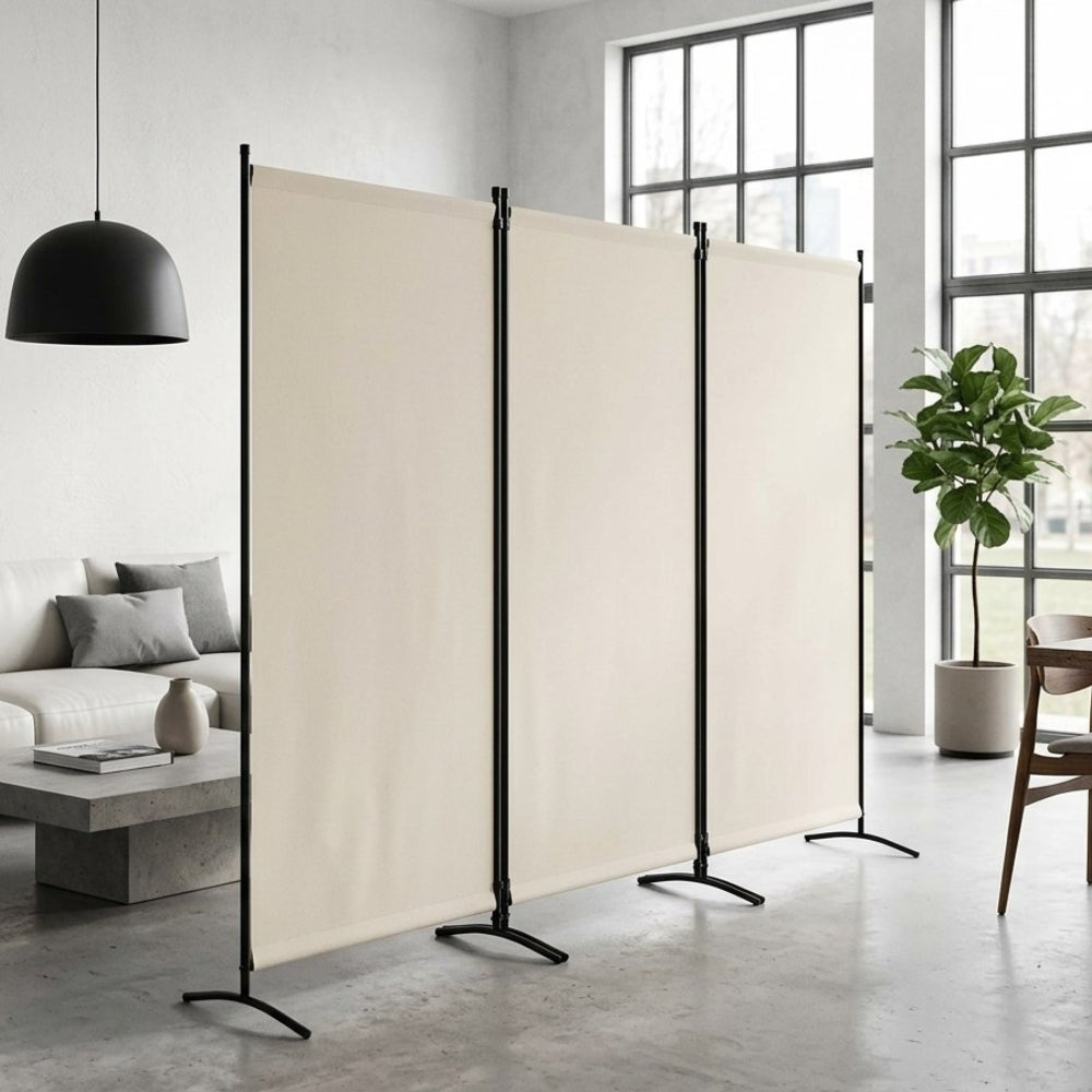 Paravent Pliable Tissu Beige — 3 Panneaux 260×184 cm