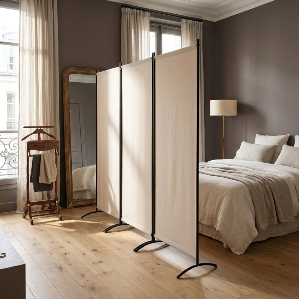 Paravent Pliable Tissu Beige — 3 Panneaux 260×184 cm