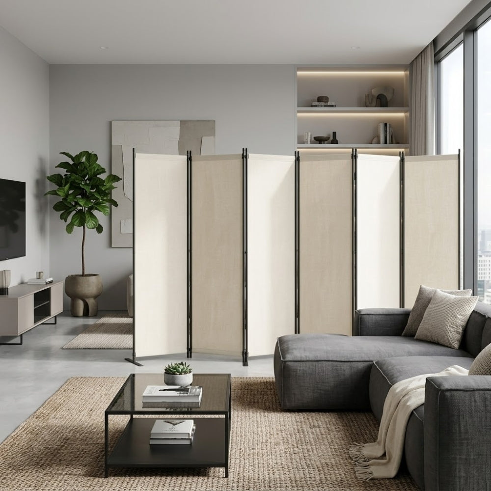 Paravent Pliable Tissu Beige — 6 Panneaux 336×181 cm