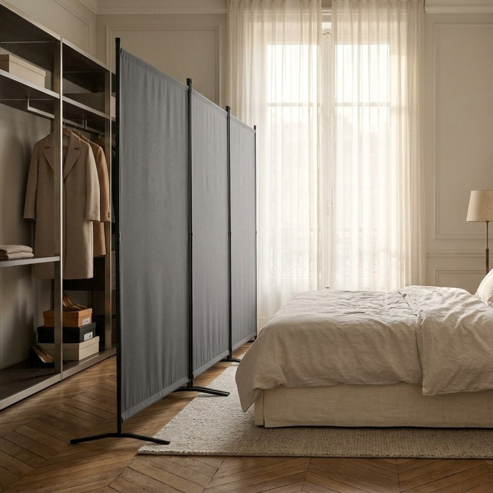 Paravent Pliable Tissu Gris — 3 Panneaux 260×184 cm