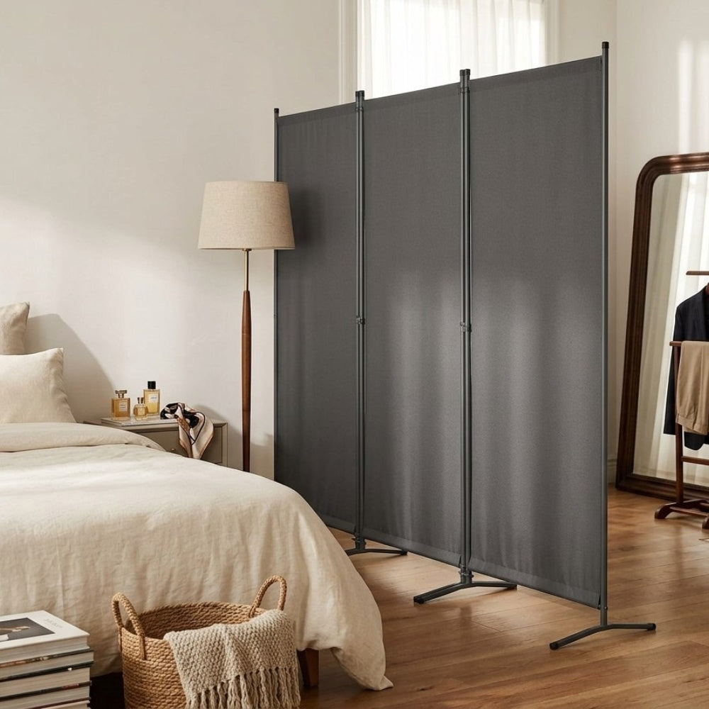 Paravent Pliable Tissu Gris — 3 Panneaux 260×184 cm