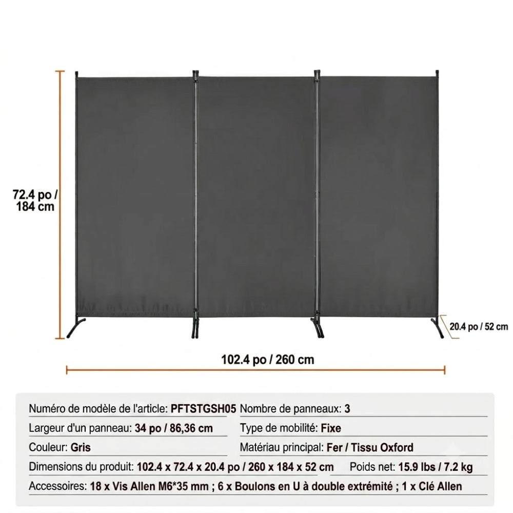 Paravent Pliable Tissu Gris — 3 Panneaux 260×184 cm