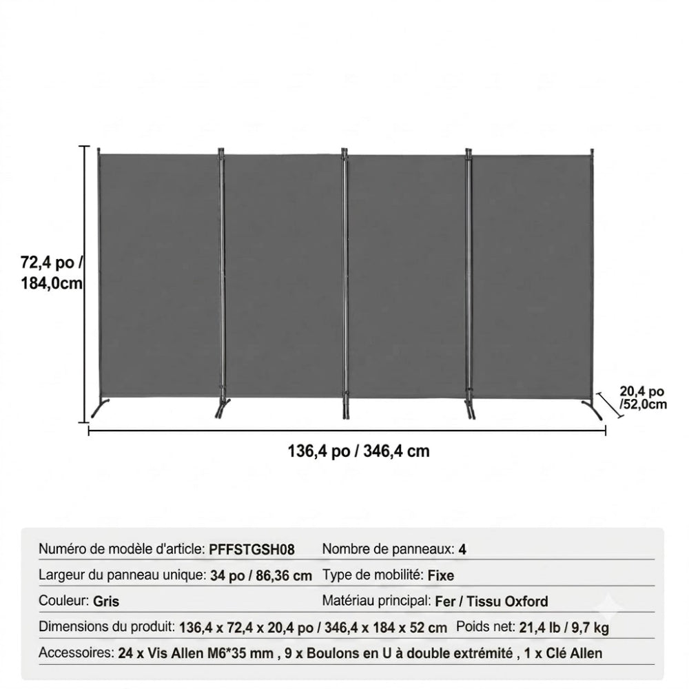 Paravent Pliable Tissu Gris — 4 Panneaux 346×184 cm