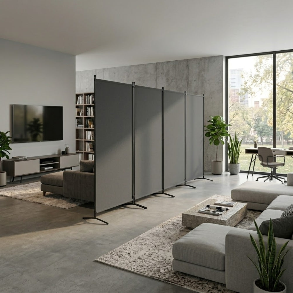 Paravent Pliable Tissu Gris — 4 Panneaux 346×184 cm