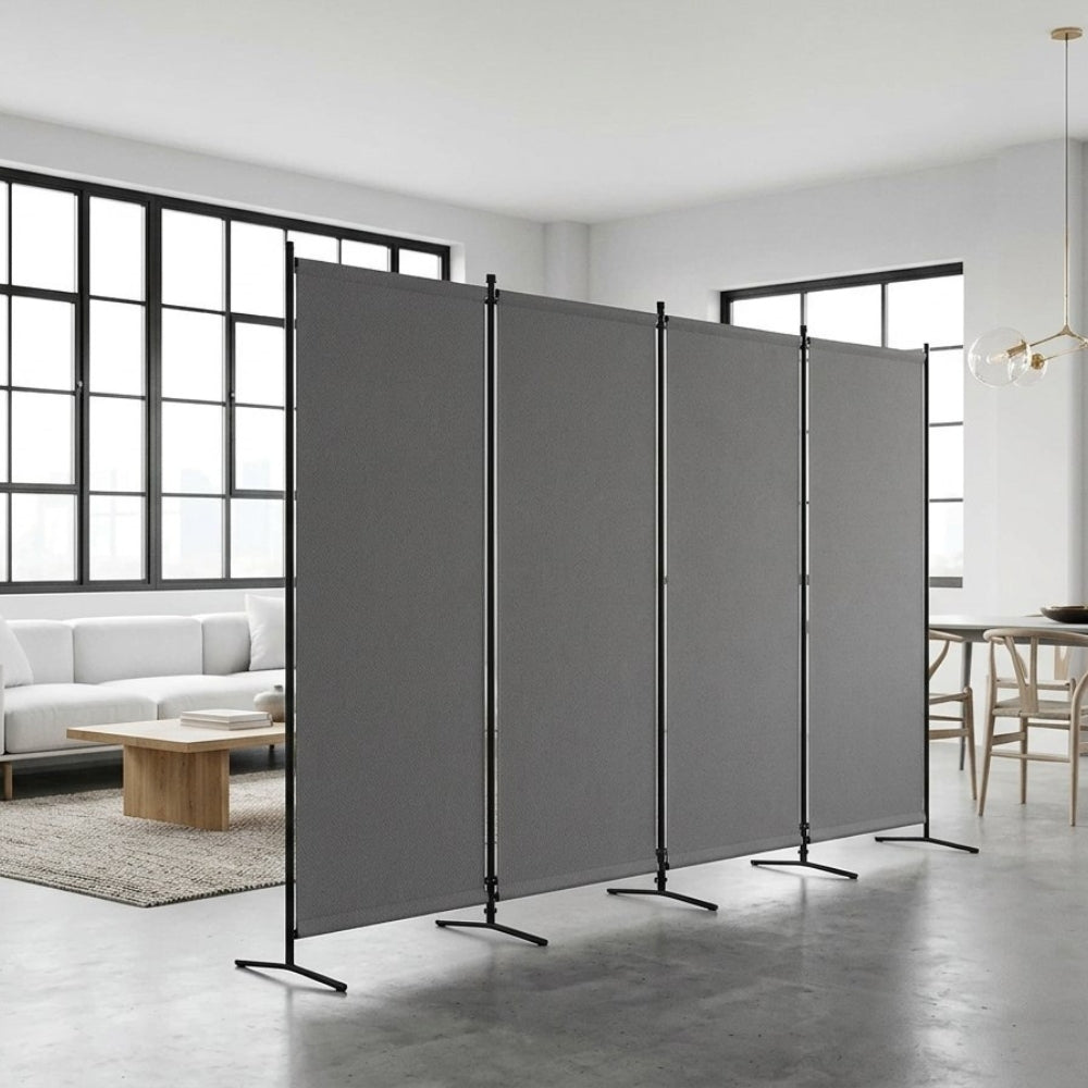 Paravent Pliable Tissu Gris — 4 Panneaux 346×184 cm