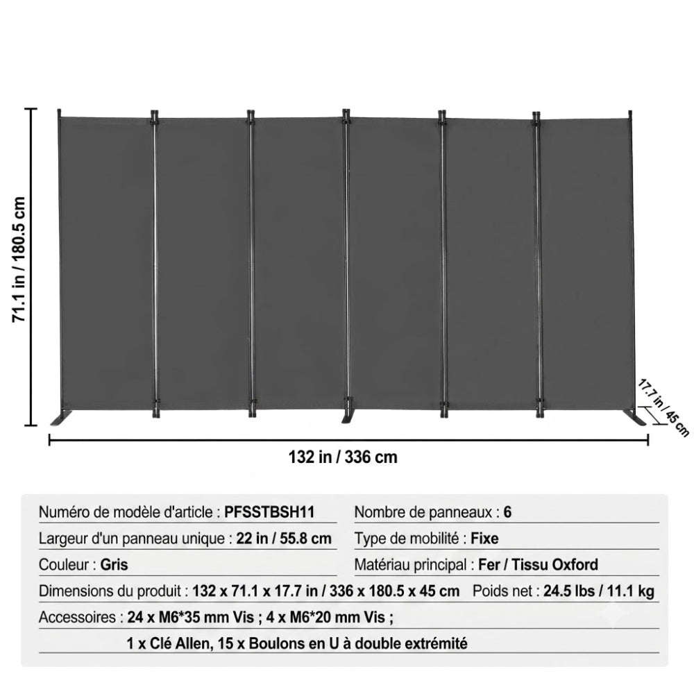 Paravent Pliable Tissu Gris — 6 Panneaux 336×181 cm