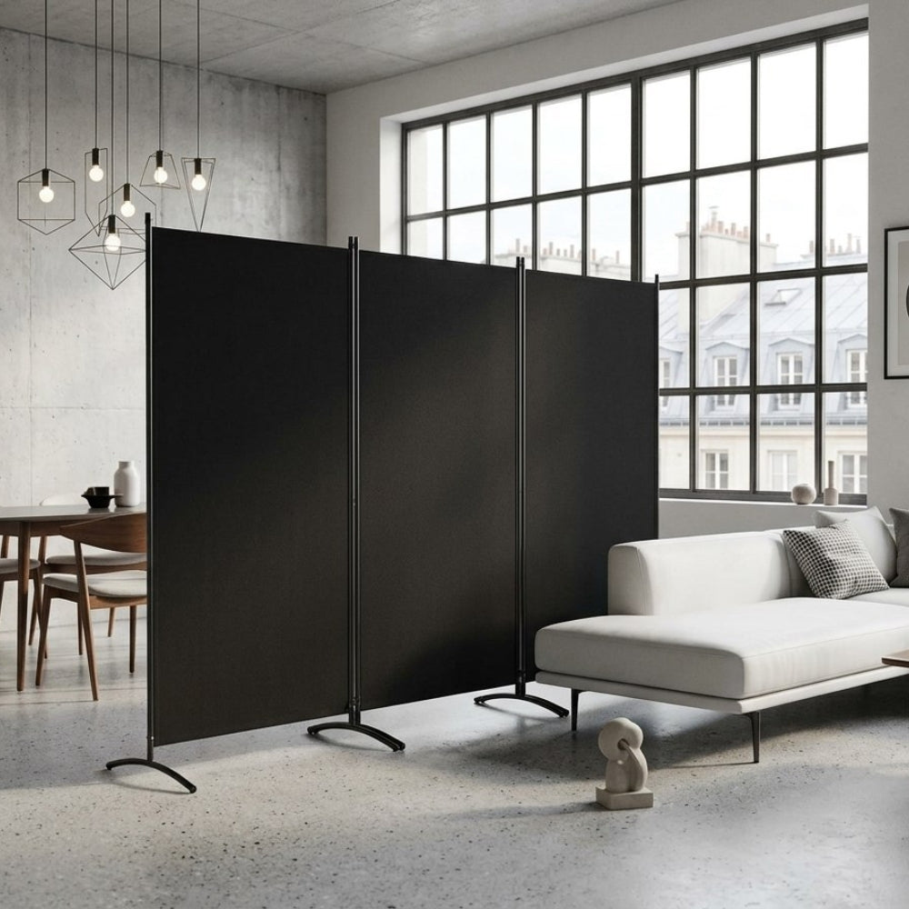 Paravent Pliable Tissu Noir — 3 Panneaux 260×184 cm