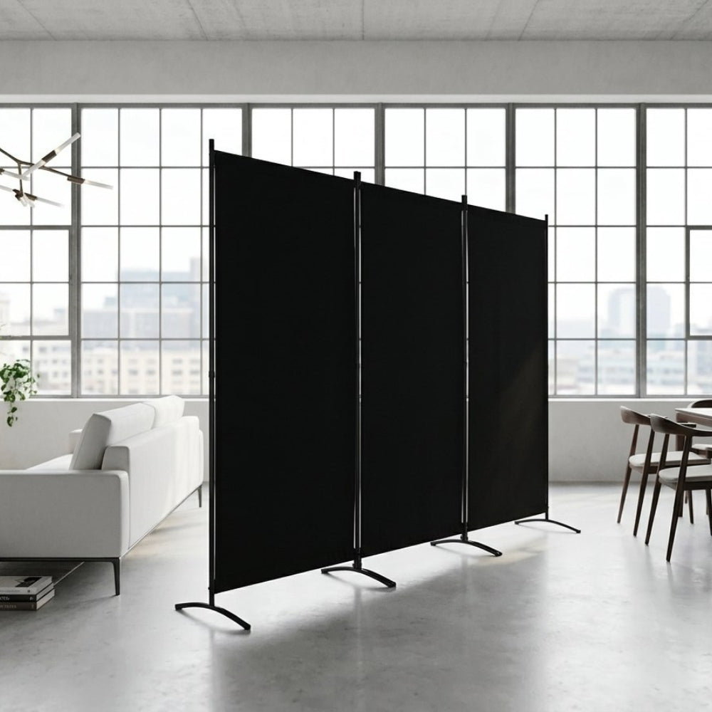 Paravent Pliable Tissu Noir — 3 Panneaux 260×184 cm