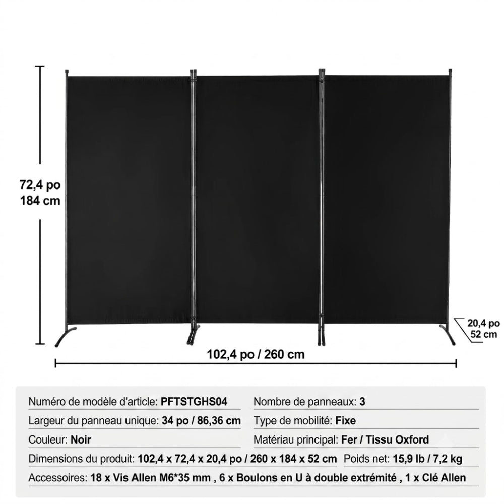 Paravent Pliable Tissu Noir — 3 Panneaux 260×184 cm