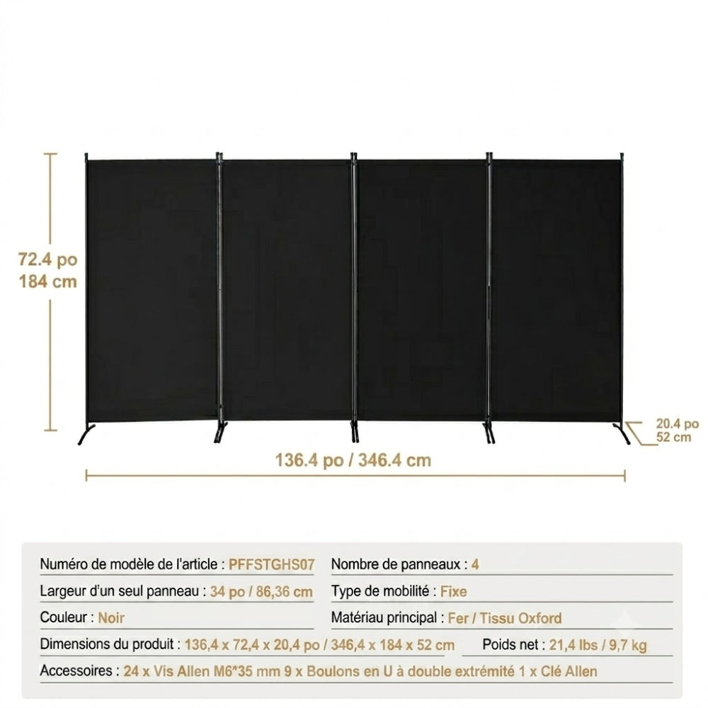 Paravent Pliable Tissu Noir — 4 Panneaux 346×184 cm