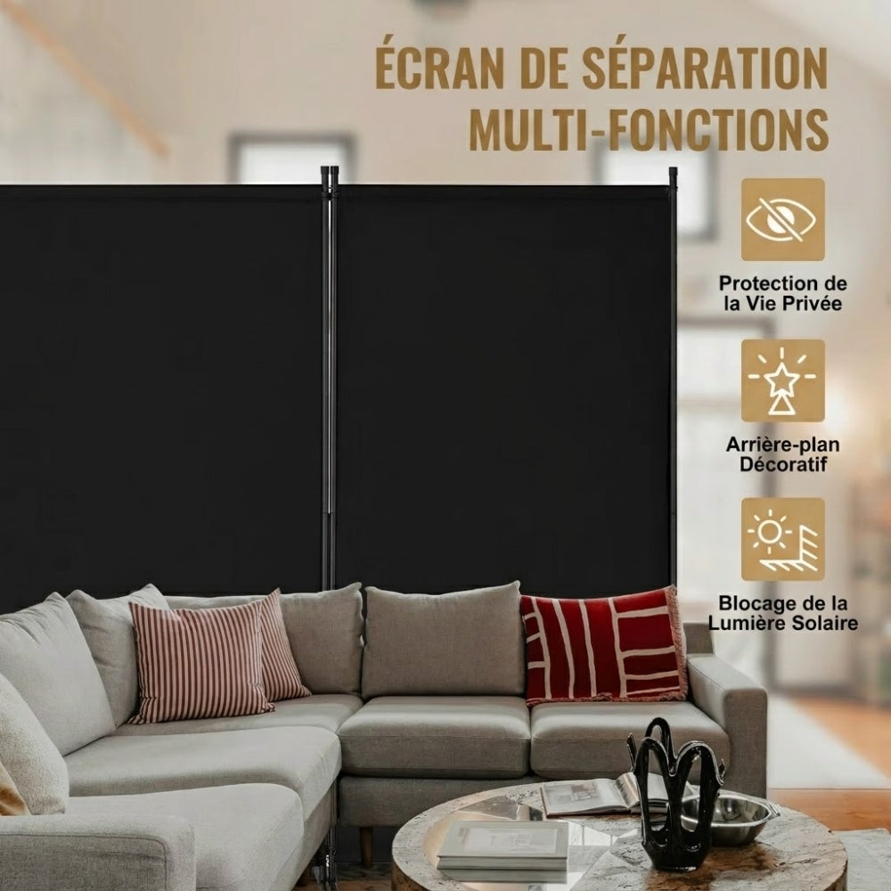 Paravent Pliable Tissu Noir — 4 Panneaux 346×184 cm