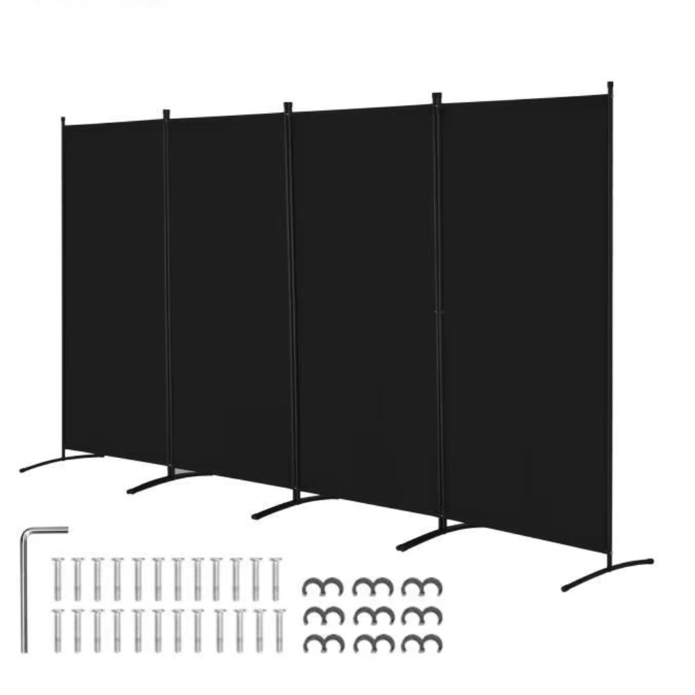 Paravent Pliable Tissu Noir — 4 Panneaux 346×184 cm