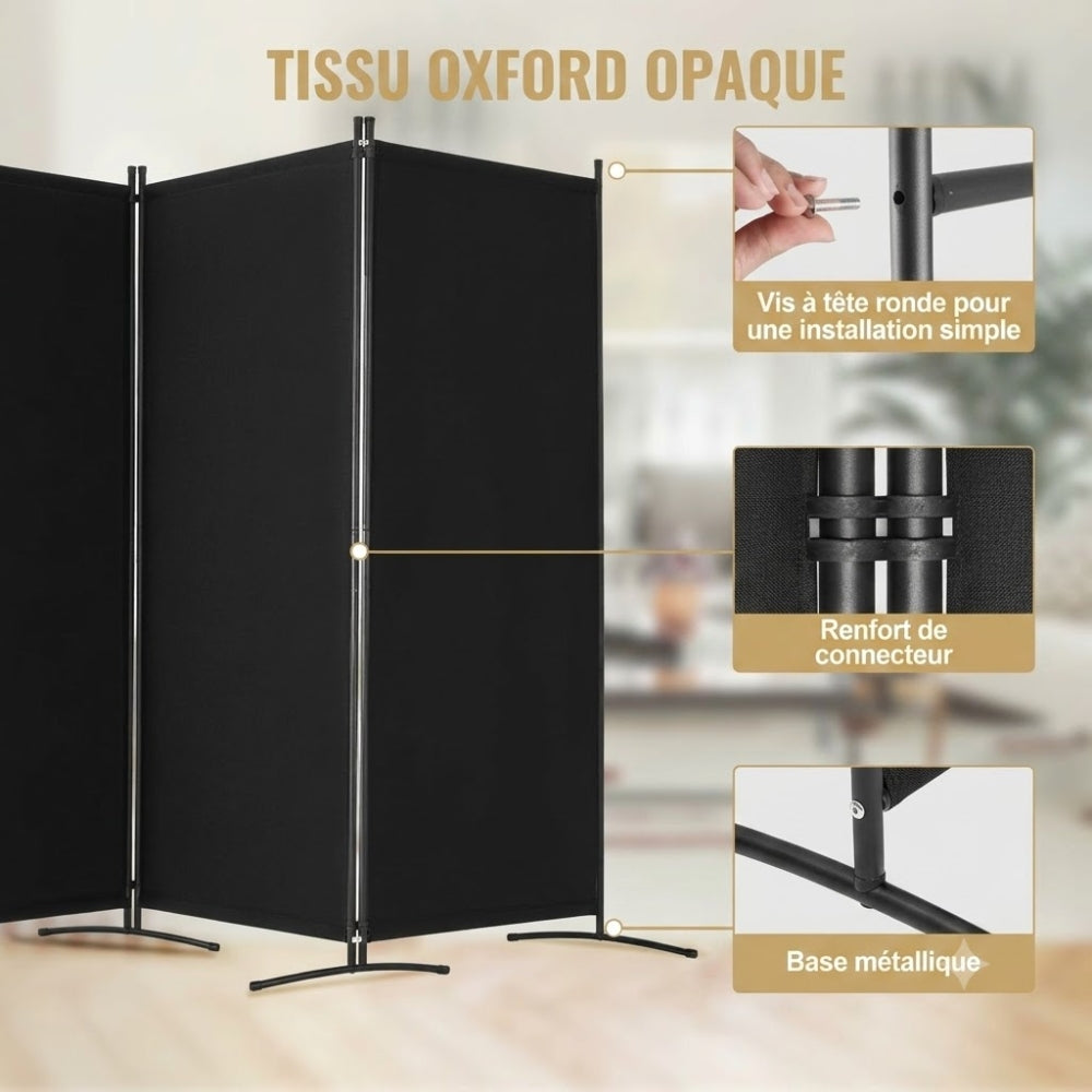 Paravent Pliable Tissu Noir — 4 Panneaux 346×184 cm