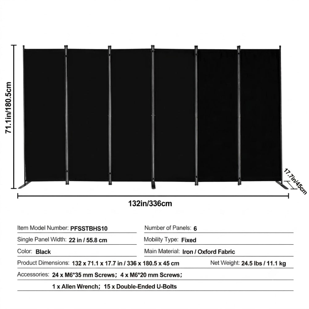 Paravent Pliable Tissu Noir — 6 Panneaux 336×181 cm