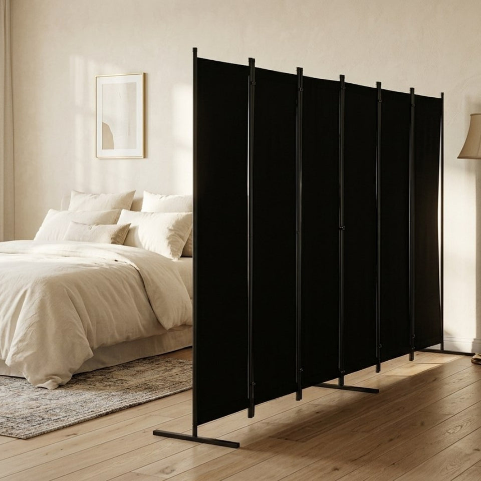 Paravent Pliable Tissu Noir — 6 Panneaux 336×181 cm