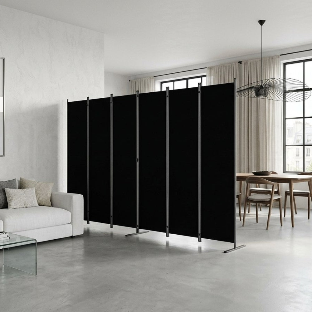 Paravent Pliable Tissu Noir — 6 Panneaux 336×181 cm
