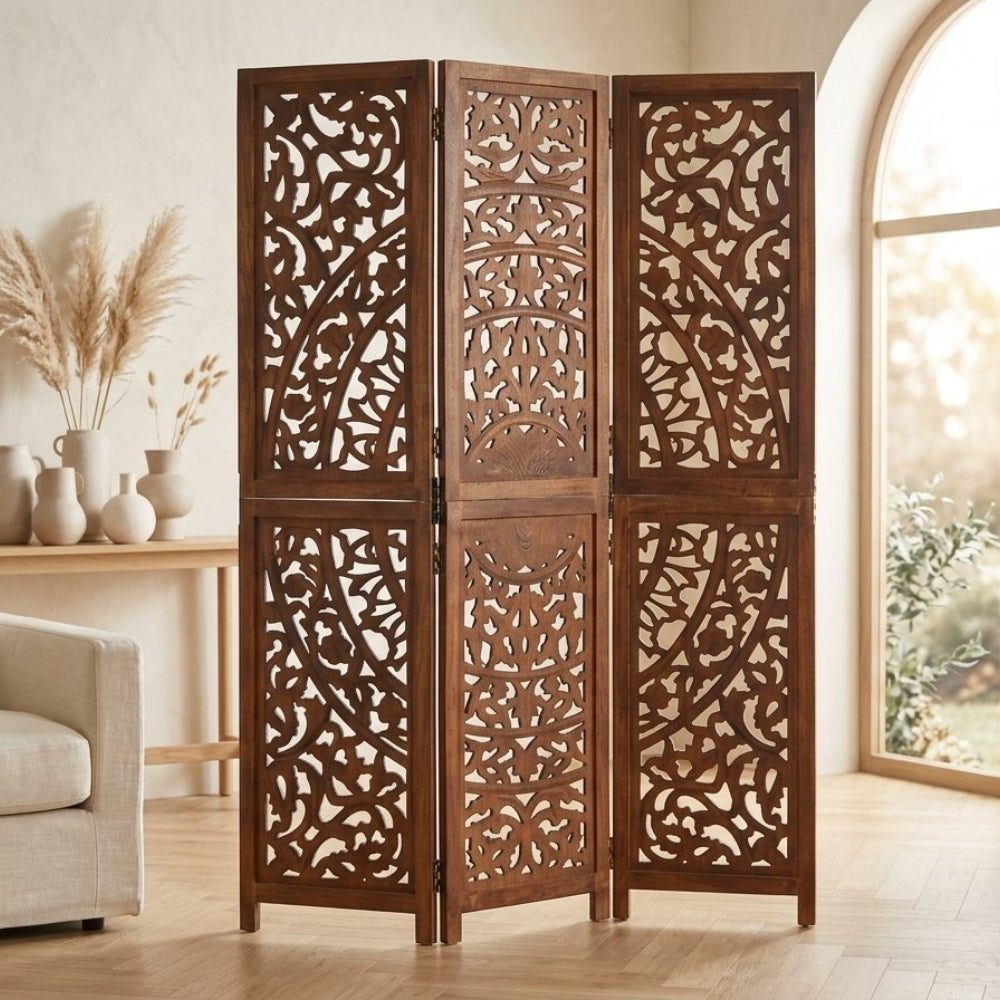 Paravent Sculpté Bois de Manguier Massif — Motif Arabesque Modèle 2