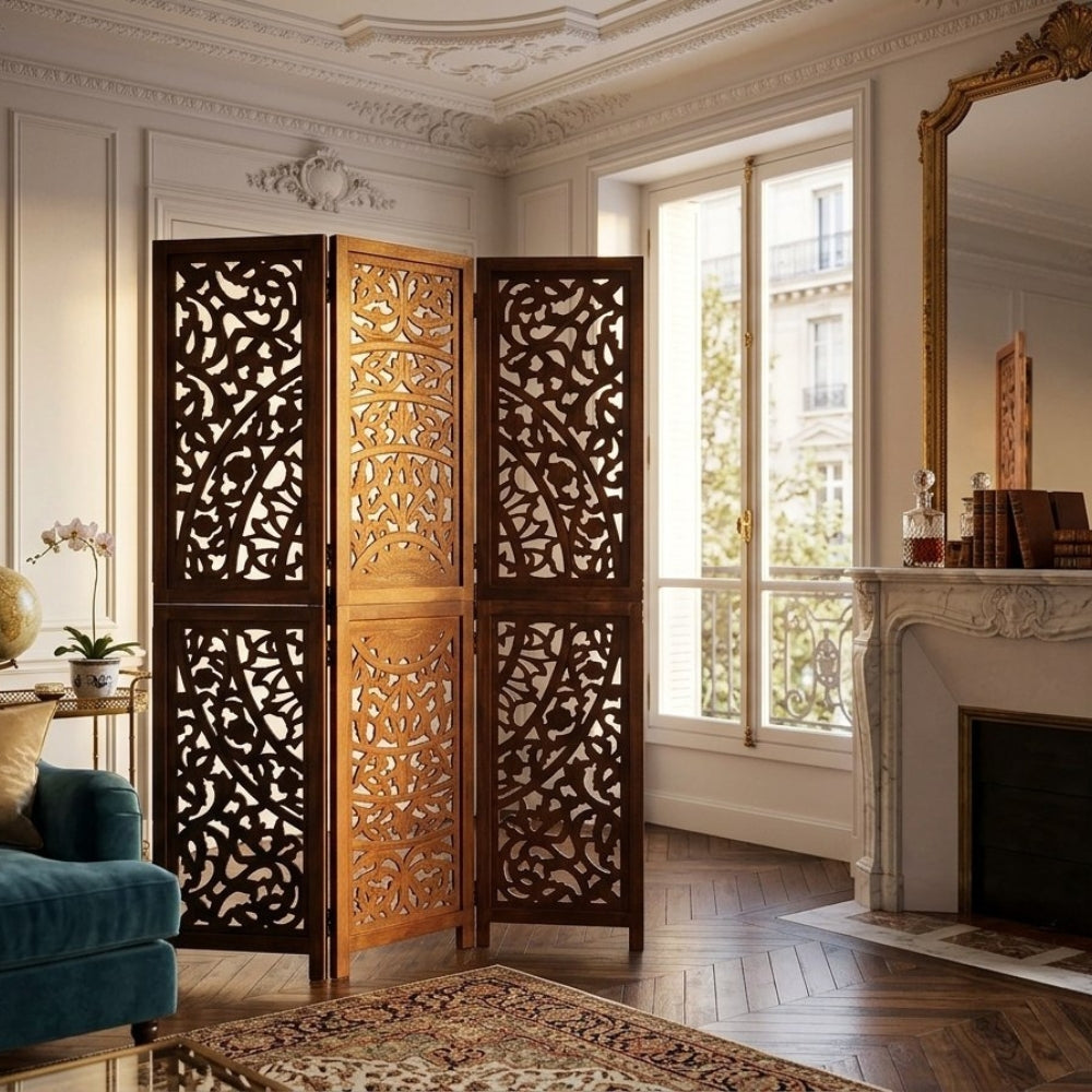 Paravent Sculpté Bois de Manguier Massif — Motif Arabesque Modèle 2