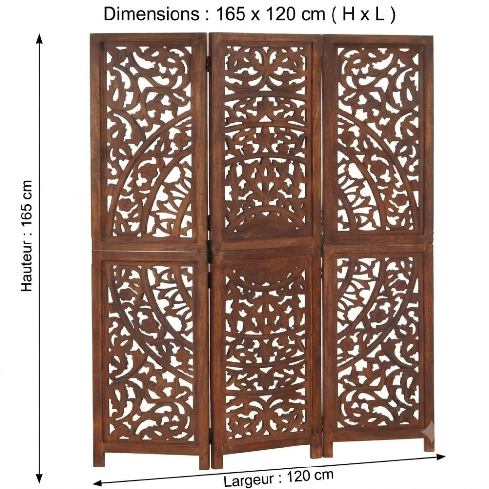 Paravent Sculpté Bois de Manguier Massif — Motif Arabesque Modèle 2