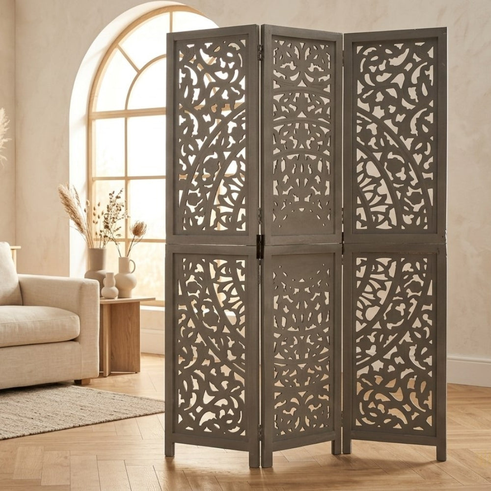 Paravent Sculpté Bois de Manguier Massif — Motif Arabesque Modèle 3