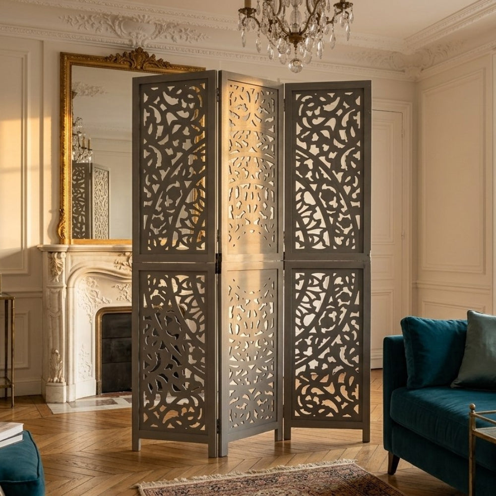Paravent Sculpté Bois de Manguier Massif — Motif Arabesque Modèle 3