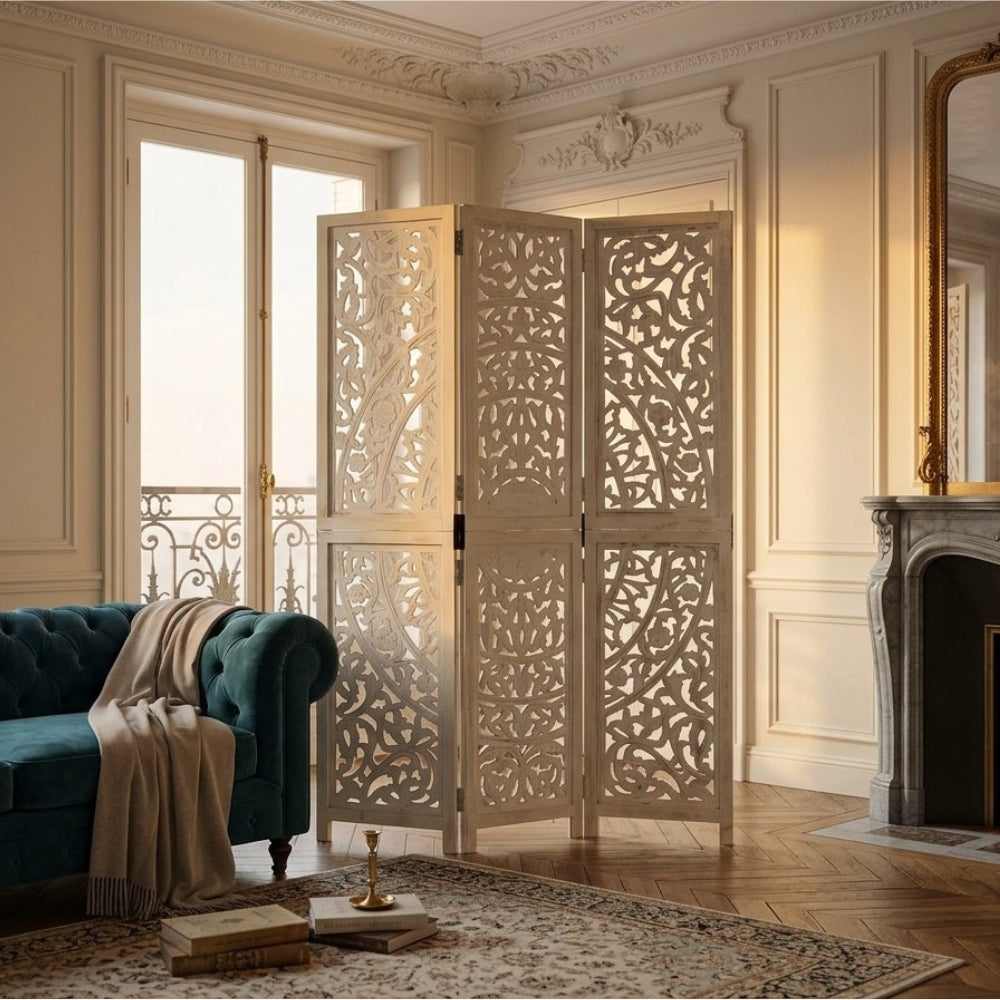 Paravent Sculpté en Bois de Manguier Massif — Motifs Artisanaux