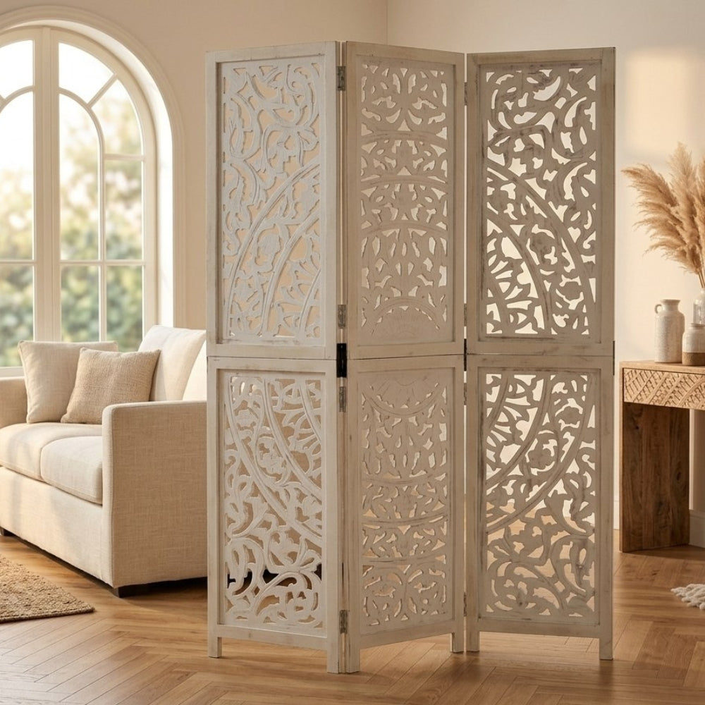 Paravent Sculpté en Bois de Manguier Massif — Motifs Artisanaux