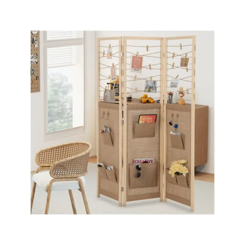 Paravent 3 Panneaux Rustique Corde & Pochettes de Rangement — Sans Montage