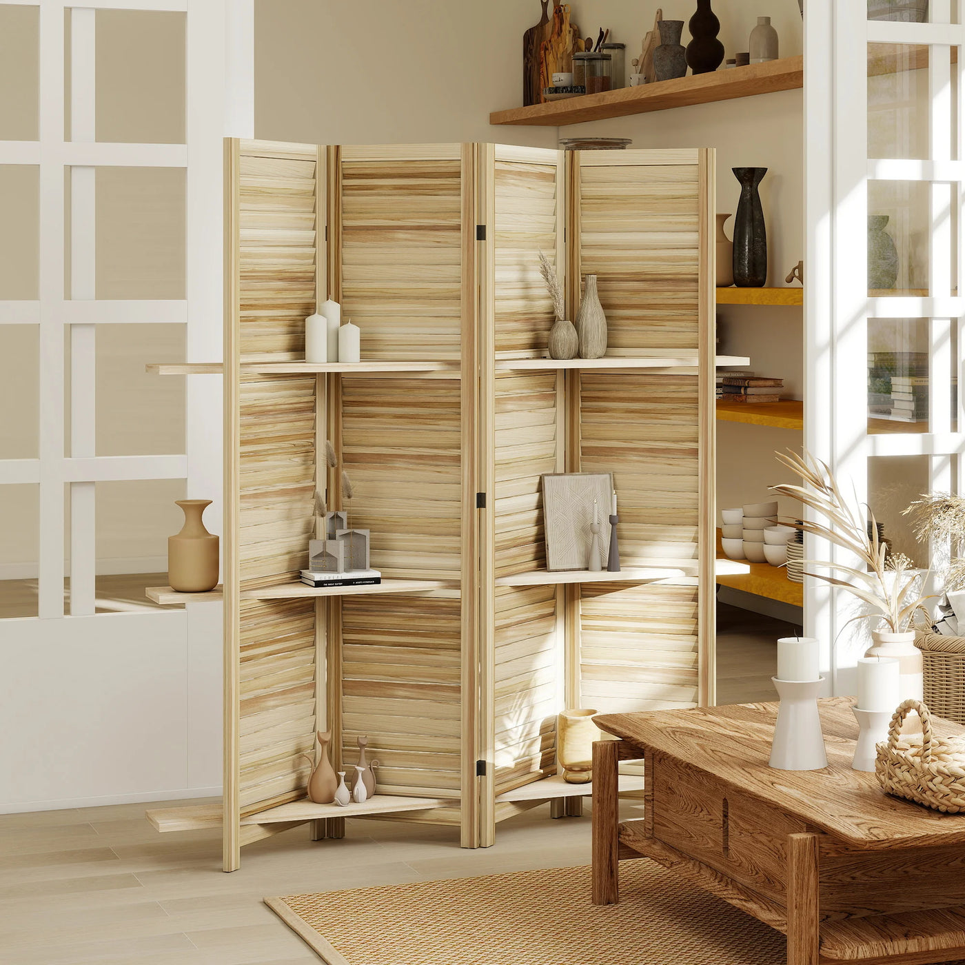 Paravent 4 Panneaux Blanc avec 3 Étagères — Cloison & Meuble 160 × 170 cm