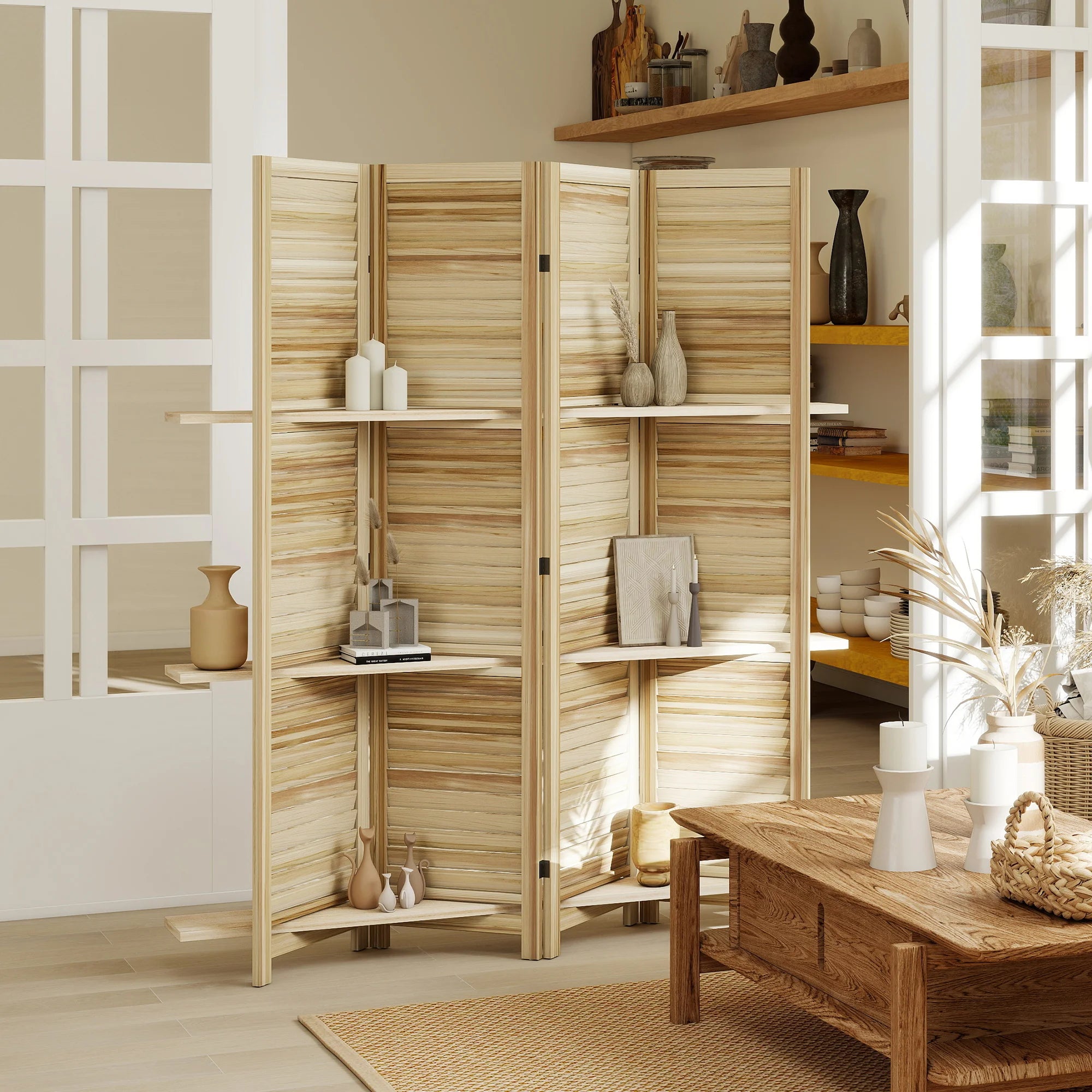 Paravent 4 Panneaux Blanc avec 3 Étagères — Cloison & Meuble 160 × 170 cm
