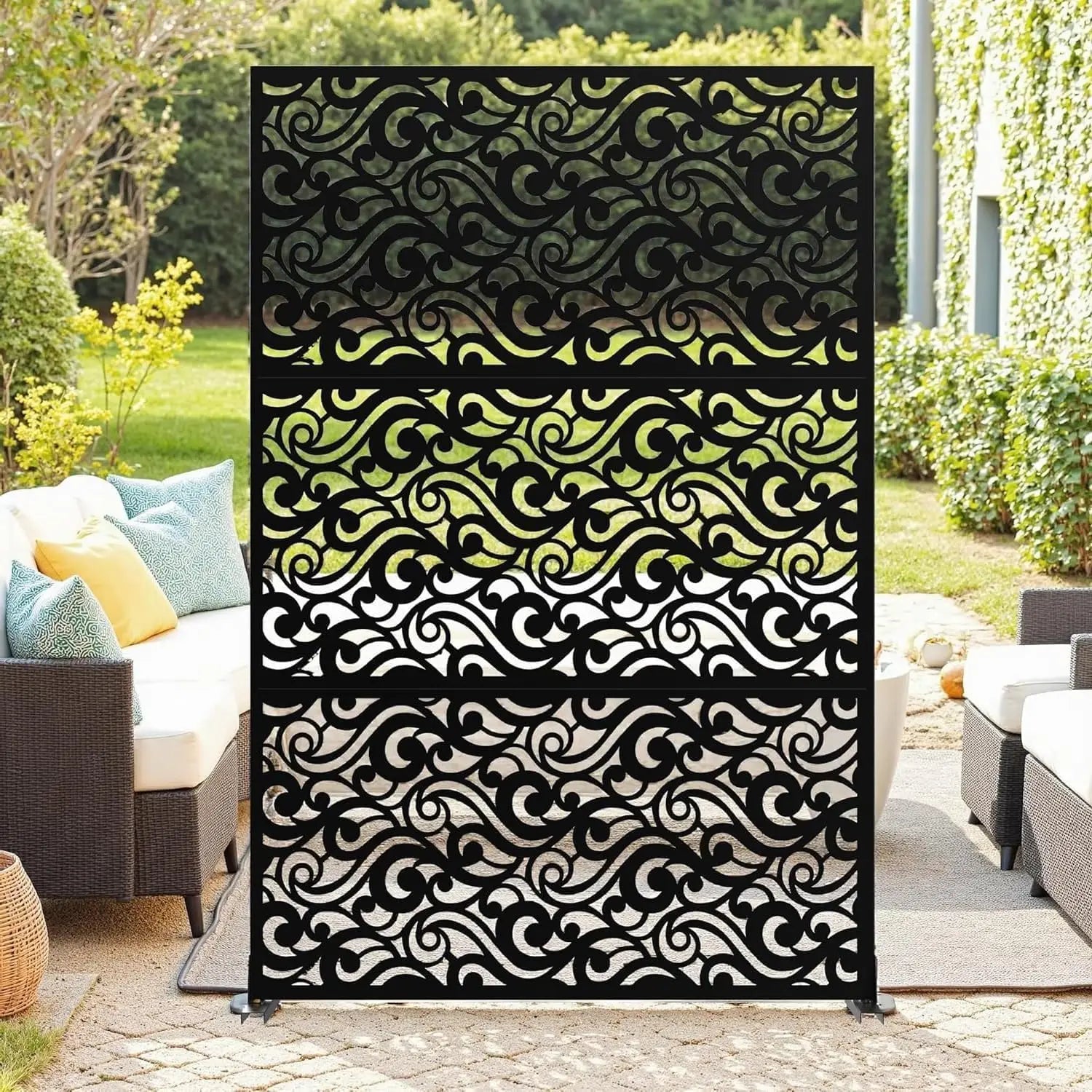 Paravent Métal Extérieur 183 cm — Motif Nuages Noir, Autoportant, Balcon & Terrasse