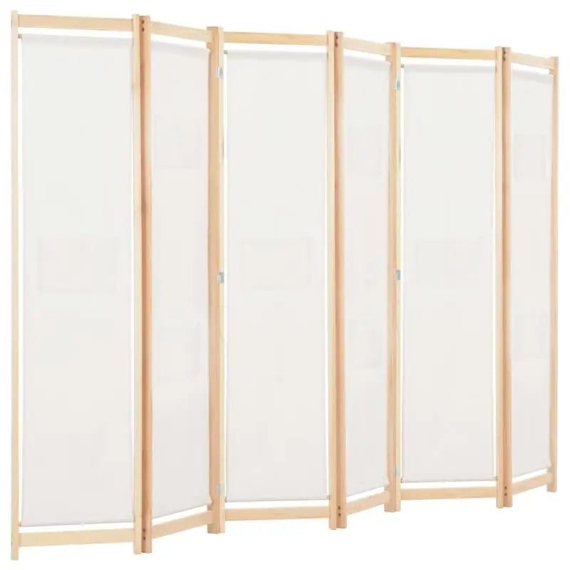 Paravent 6 Panneaux Tissu Crème & Sapin Massif — Cloison 240 × 170 cm