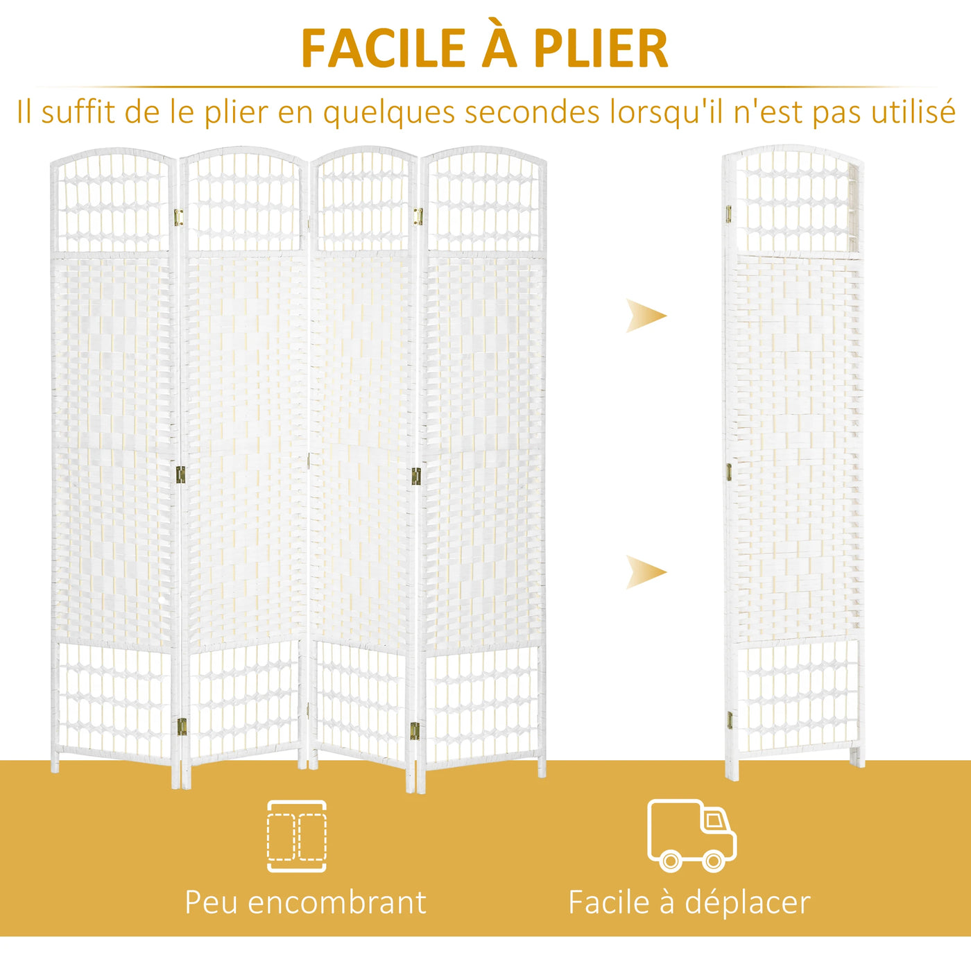 Paravent 4 Panneaux Blanc — Cloison Pliable Chambre & Salon 160 × 170 cm